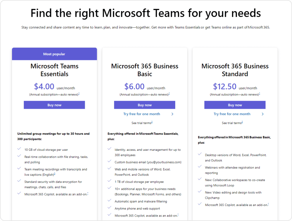 Microsoft team cost