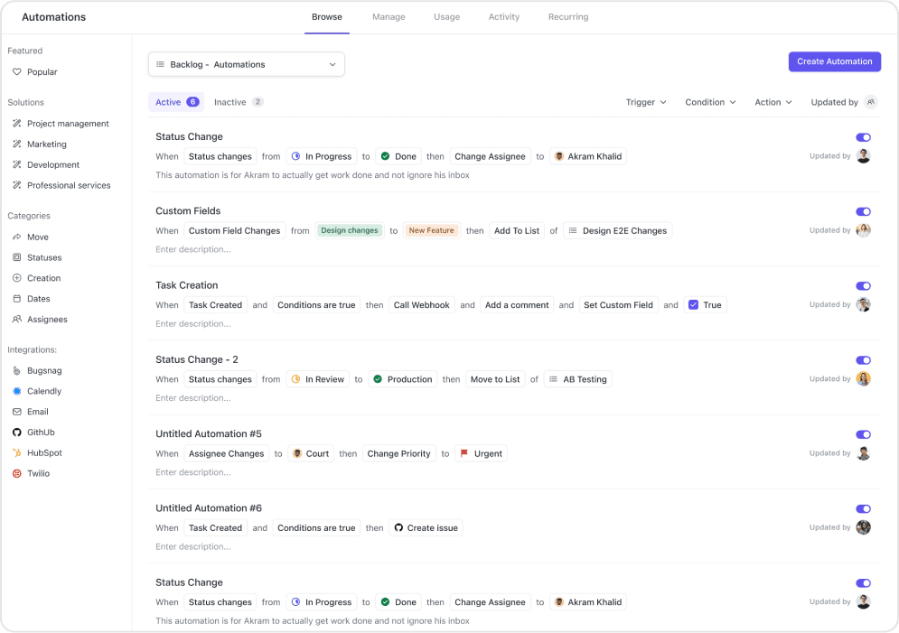 ClickUp automation dashboard