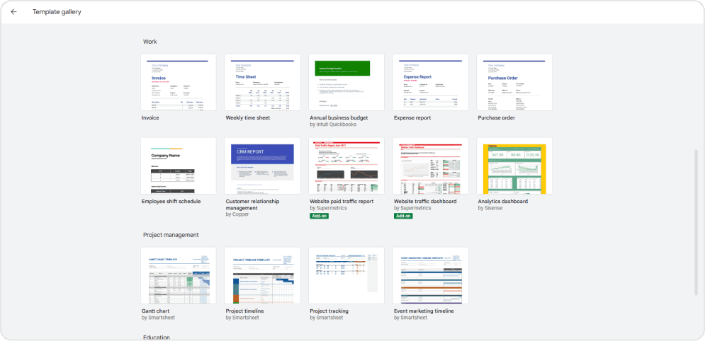 Google Sheet template gallery