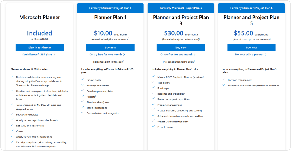 Microsoft Projects pricing